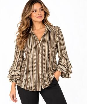 Essentials by Milano Geometric Striped Ruffle Sleeve Blouse Size L